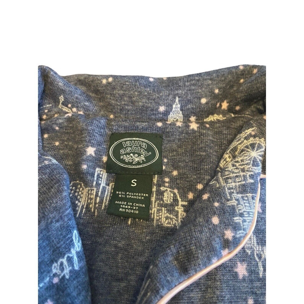 Laura Ashley Nightgown Size Small Blue Pink Trim City Lights Print Button Up - Picture 6 of 11